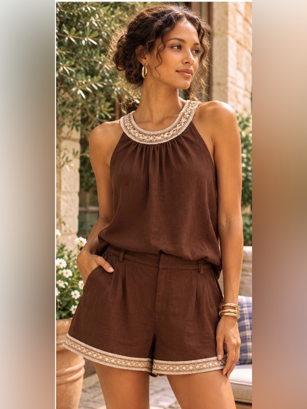 Parker Brown Linen Blend Embroidered Halter Top | Medium